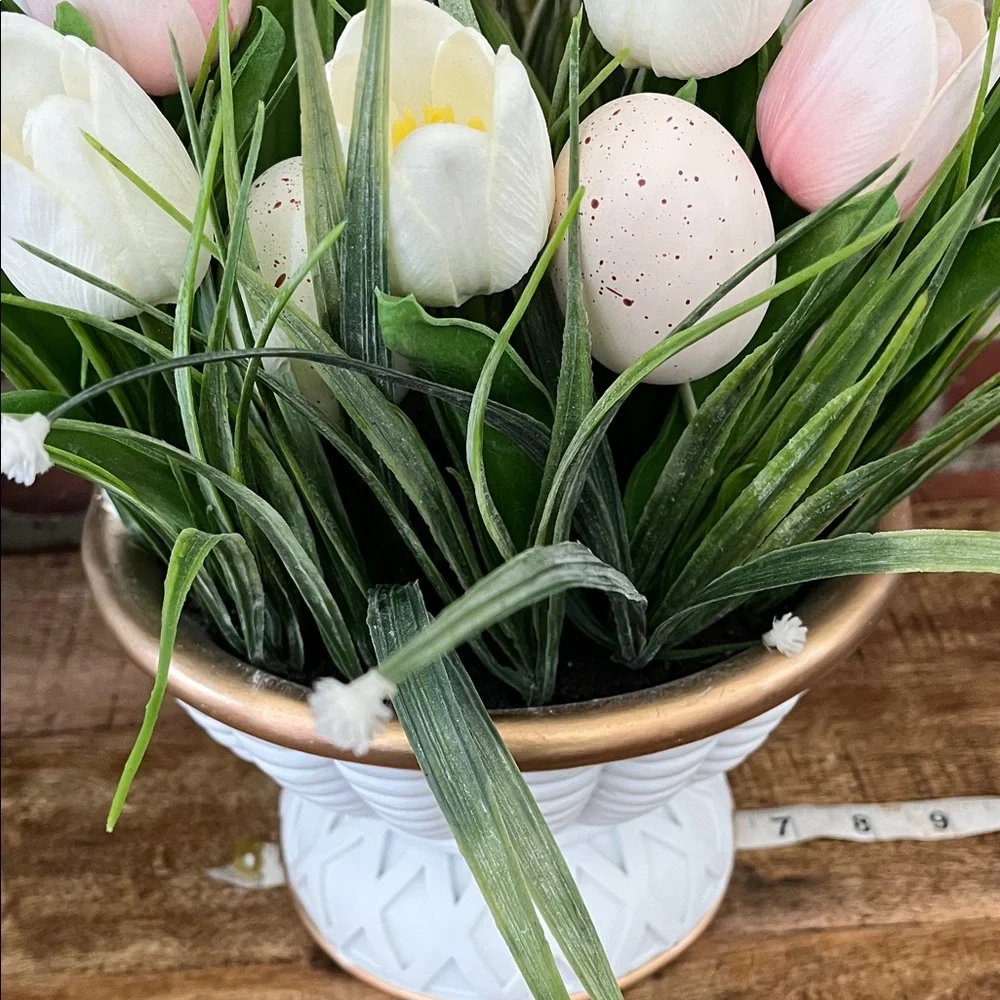 Nicole Miller White Basket Planter with Pink & White Tulips and Pastel Eggs